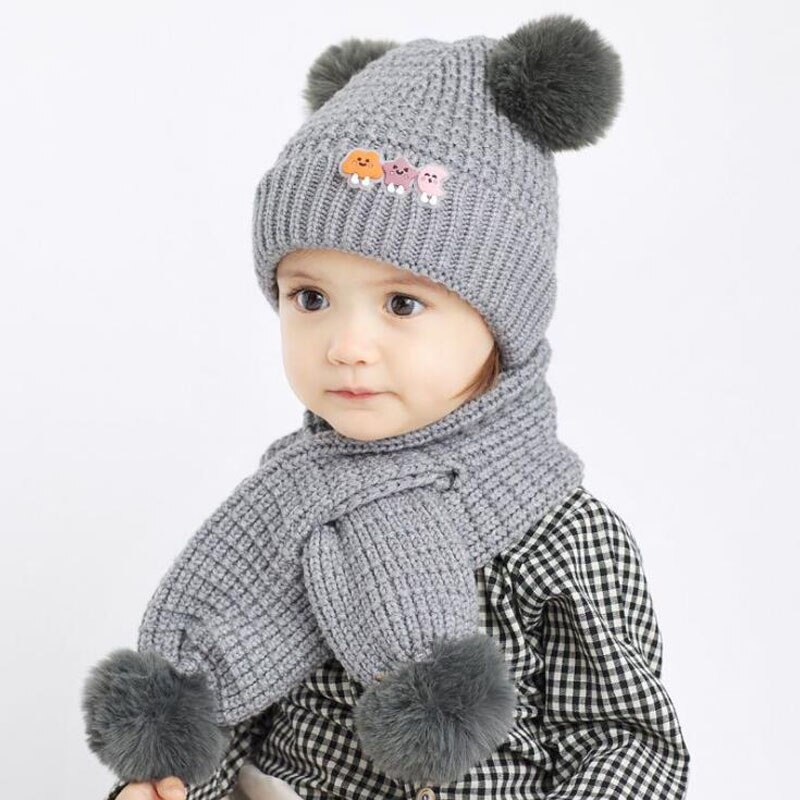 Doitbest 1 to 4 år gammel vinterhue til børn baby pels kugle strik hatte vinter 2 stk dreng pige hat tørklæde sæt: Grå