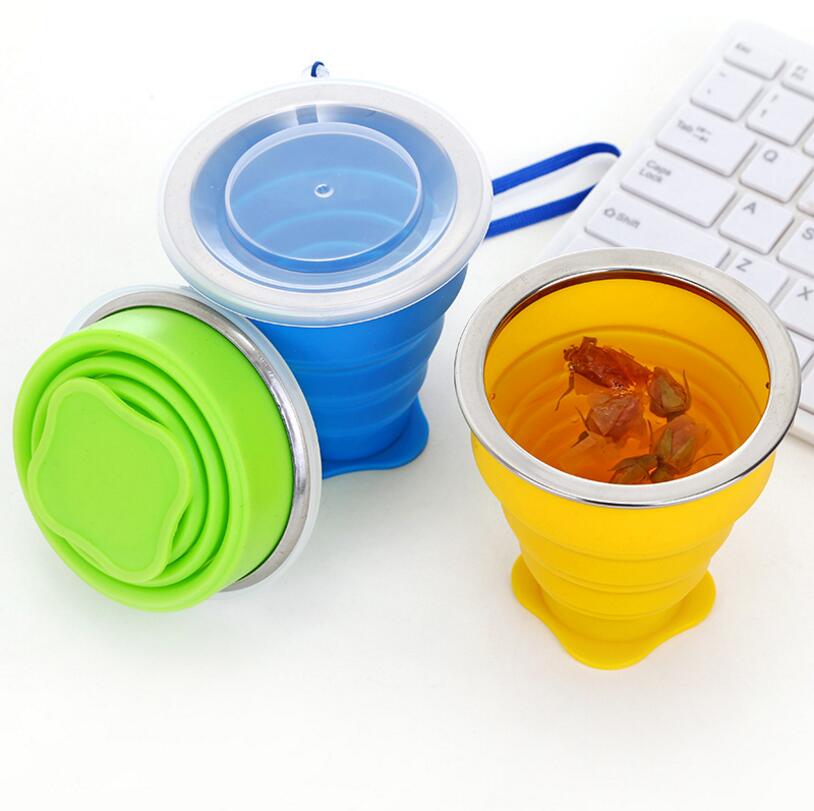 200 ml Rvs Silicone Folding Cup Met Lanyard Stofdicht Deksel Outdoor Koffie Water Kopjes Intrekbare Reizen Copa