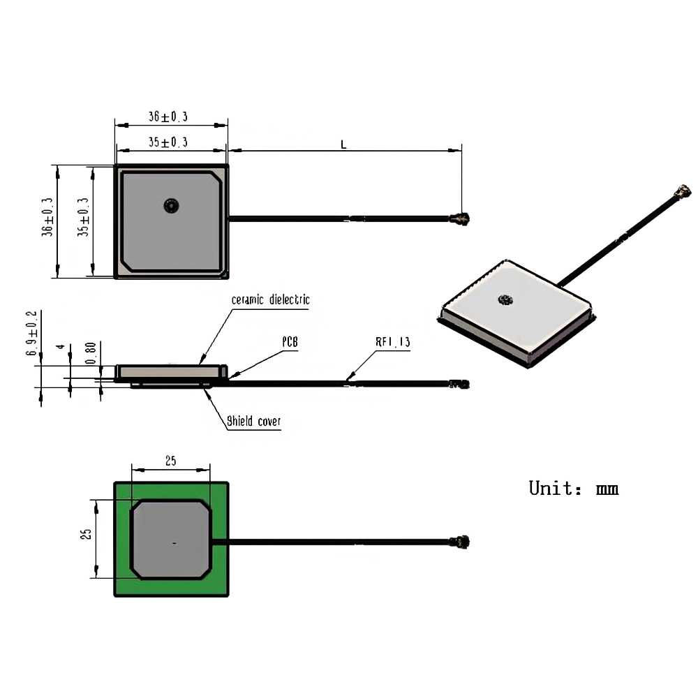 Antenas de antena de parche de cerámica GPS GNSS de alta ganancia de 28dB, conector IPX de antena interna GPS GLONASS para IOT M2M