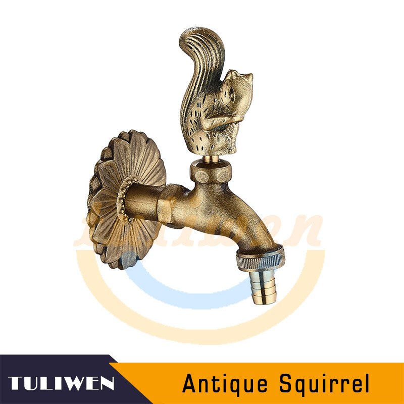 Decorative Antique Brass Garden Outdoor Faucet Cold Water Tap - With a Set of Brass Quick Connecter for 1/2&quot; Inches Hose: Squirrel-Antique