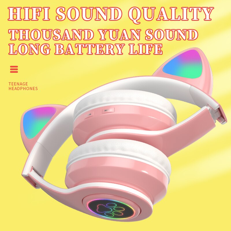 Roze Gaming Led Kat Ear Hoofdtelefoon Bluetooth Noise Cancelling Kids Meisje Headset Ondersteuning Tf-kaart Fm Radio Met Microfoon Draadloze + Bedrade