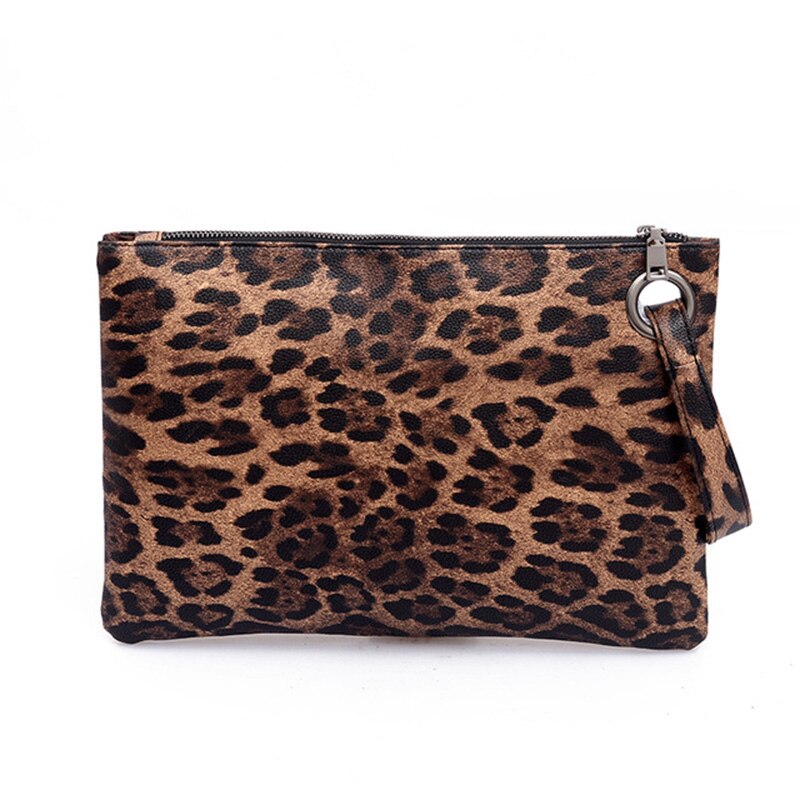 Women Leopard Pu Leather Clutch Wrist Bag Simple Zip Handbag Ladies Travel Cell Phone Evening Party Bag Purses: brown