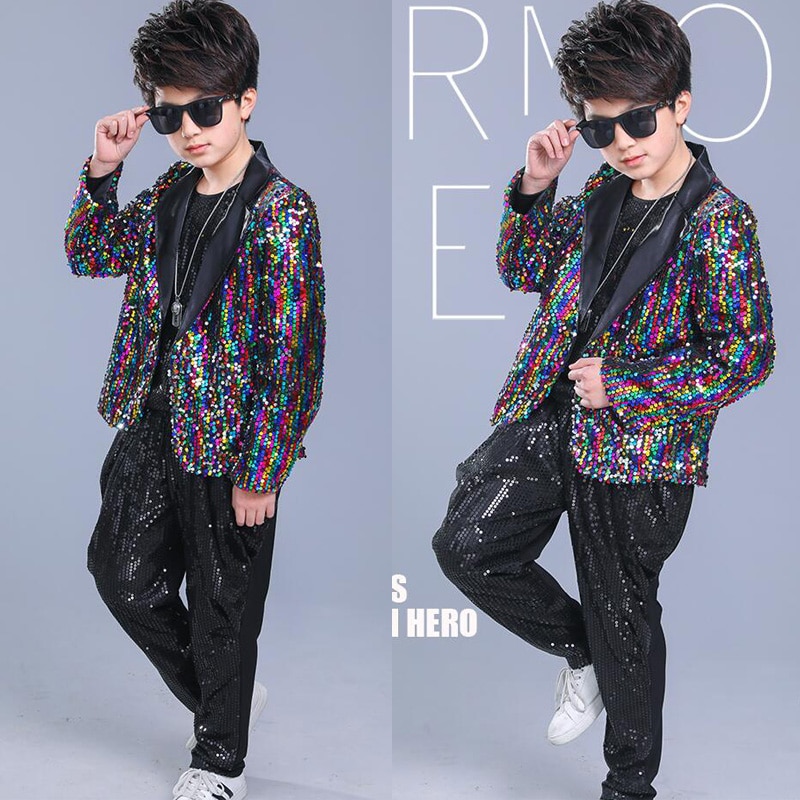 Kids Adult Sequined Pants Jacket Hip Hop Clothing Jazz Dance Costumes Suit Boys Carnival Stage wear Ballroom Dancing Outfits
