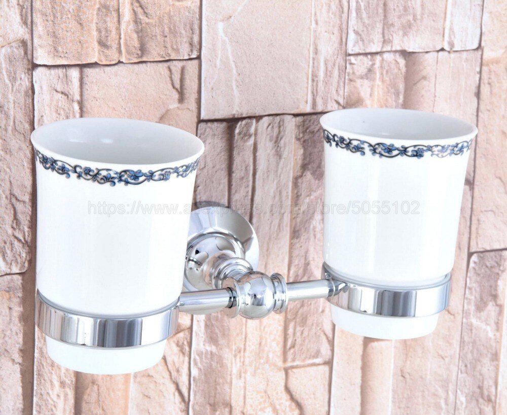 Polished Chrome Wall Mounted Double Toothbrush Holders With 2 Creamic Cups Tooth Cup Holders For Bathroom Accessories zba796
