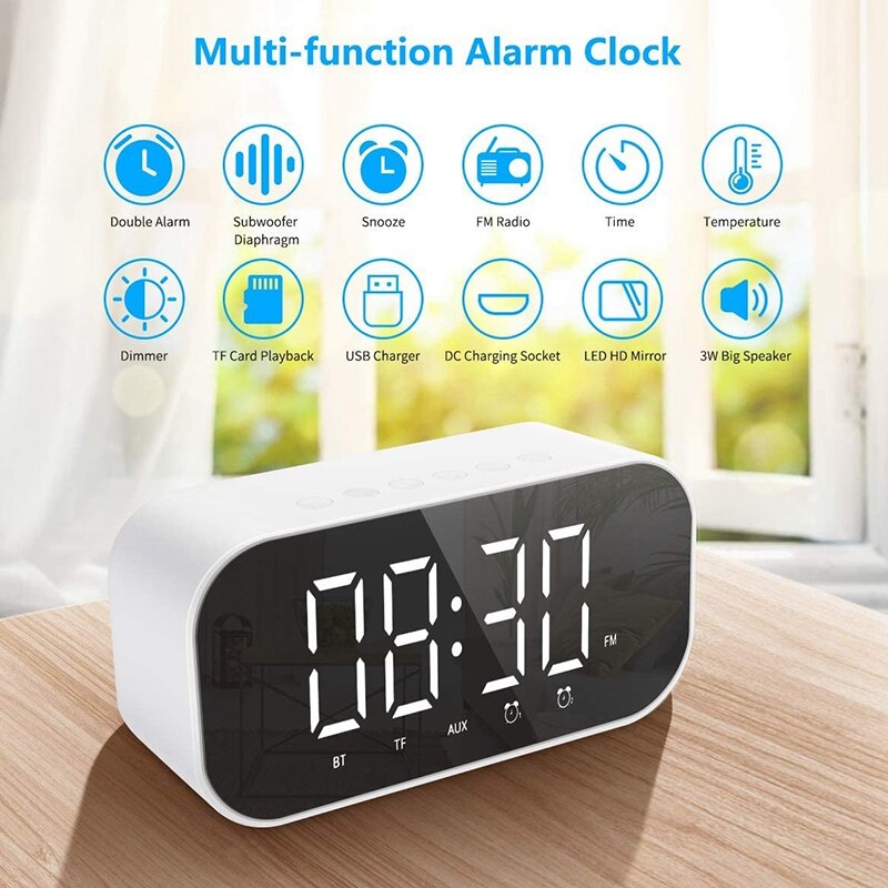 Fashiondigital väckarklocka med bluetooth -högtalare, radioväckarklocka dubbel väckarklocka med snooze, fm -radio (vit)