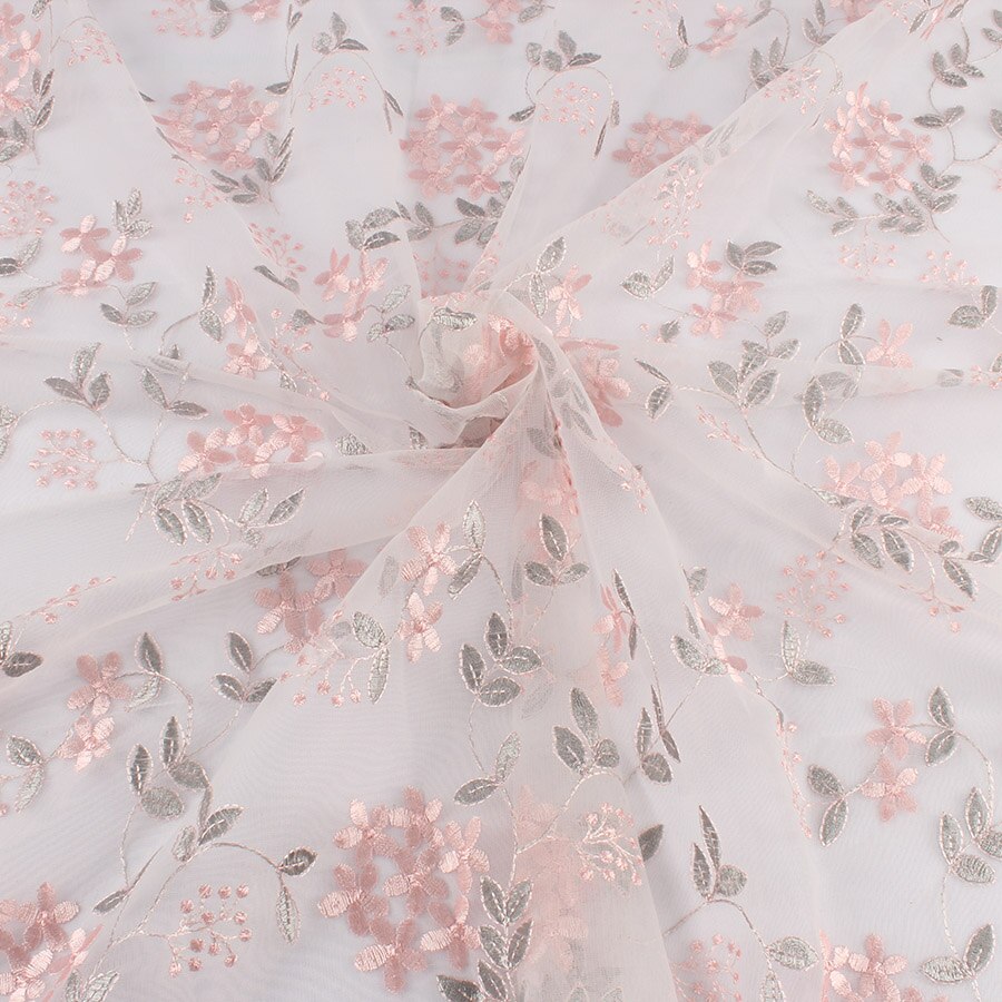 Flower Embroidered Net Yarn Fabric African Wedding Tulle Floral Lace Fabric Diy Craft Patchwork By Yard: No.6 - silver leaves