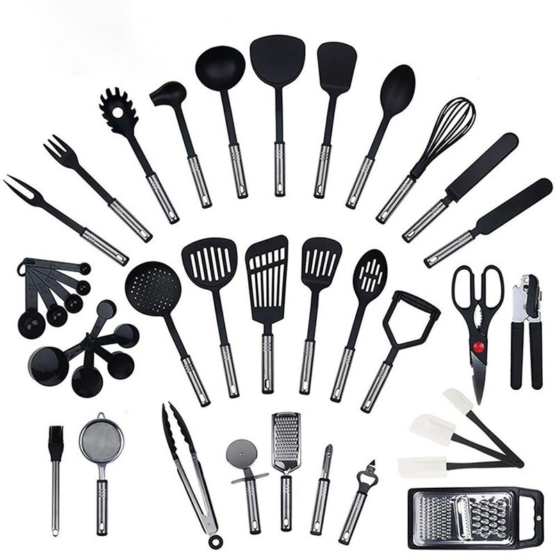 Utensilios de cocina de acero inoxidable, juego completo de espátula antiadherente de nailon, cuchara, suministros de cocina