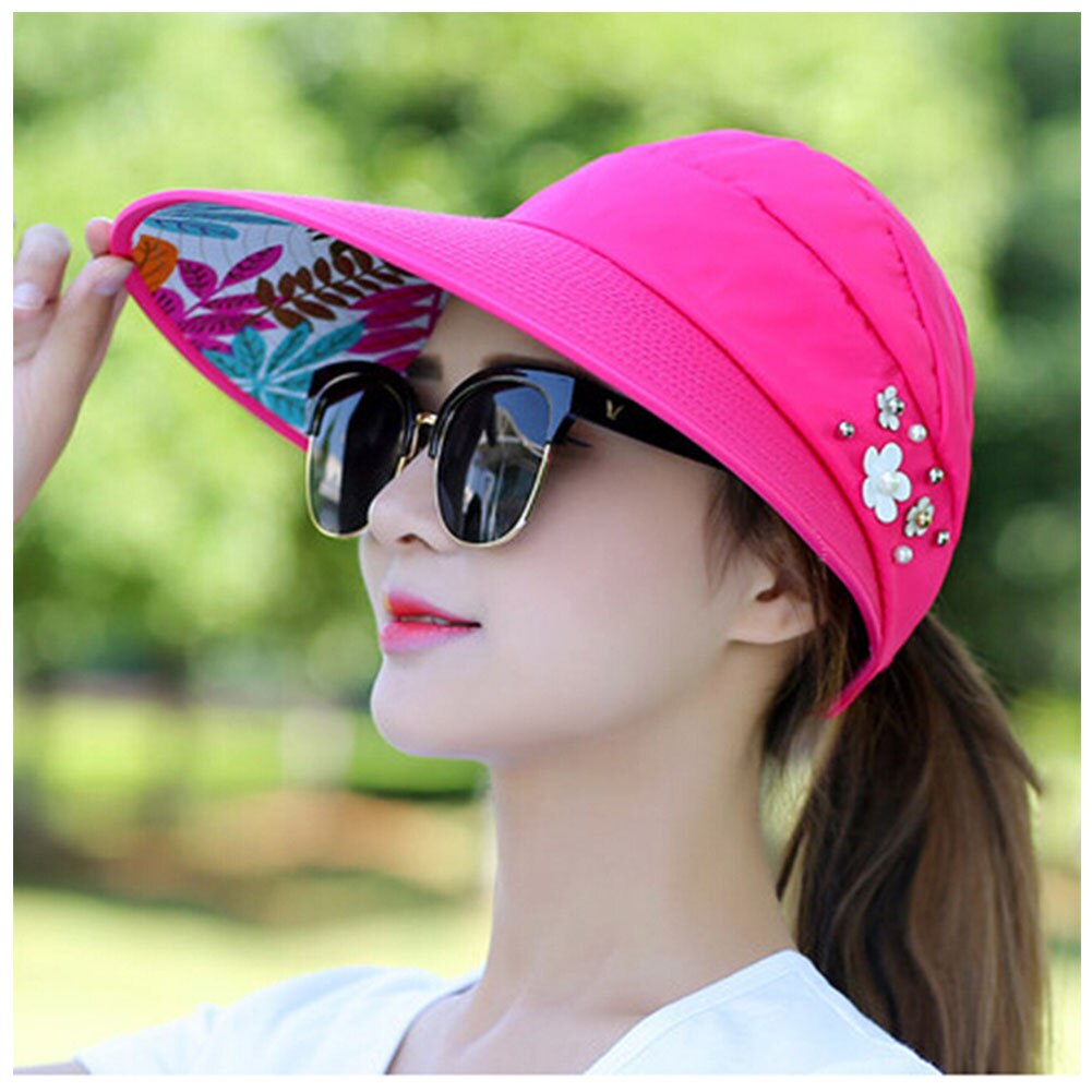 Frauen Sonnenschutz Hütte Faltbare Breiter Großer Rand Diskette Strand Baseball Deckel Freien Kappe Sonne Faltbare Anti-Uv Hütte: Rose rot