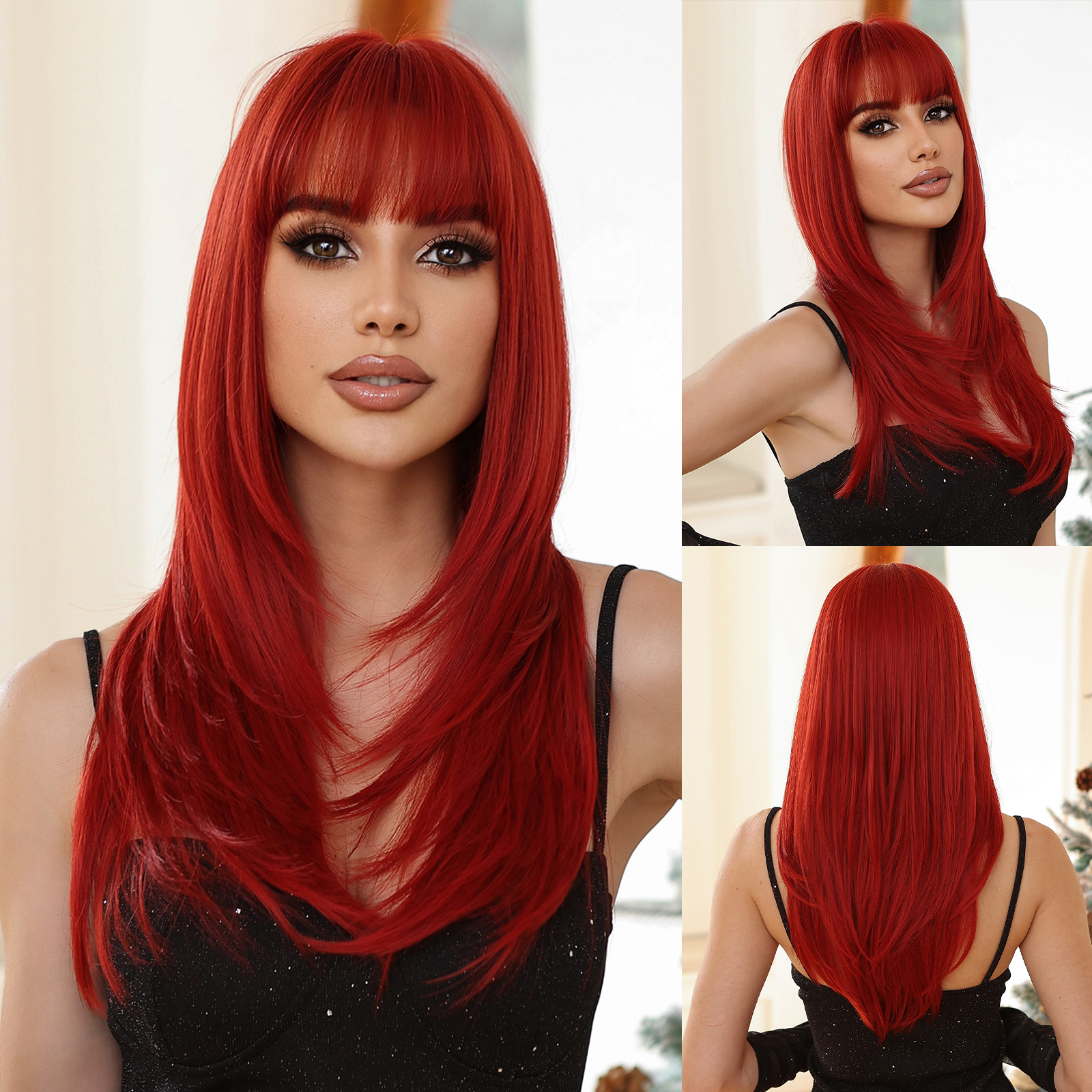 Gerade geschichtete synthetische Perücken Lila Schwarz Ombre Perücke mit Pony Mittellange farbige Cosplay-Perücke für Frauen Hitzebeständige Perücke