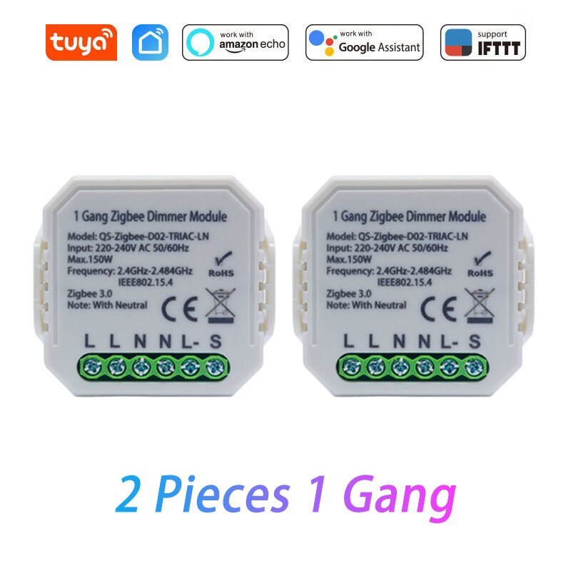 Zigbee 3.0 Smart Wireless Dimmer Switch Module Smart Home Module 1/2 Gang Works With Alexa Google Home Tuya Smart Life APP: 2 Pieces 1 Gang