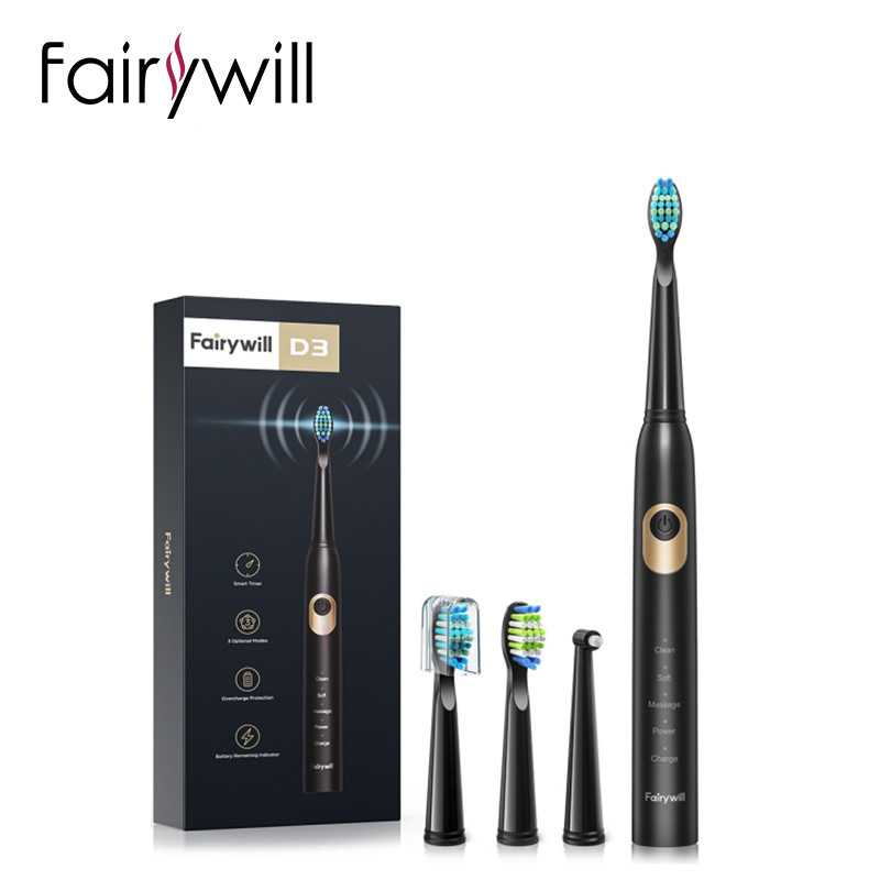 Fairywill Elektrische Zahnbürste Schall- D3 USB Ladung Zahnbürsten Wasserdicht 3 BrushHeads 1 Interdentalbürste Niedrigen Batterie Anzeige: AE-FW-2303