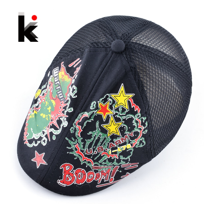 Boinas de primavera y verano para niños, sombreros de retales de malla transpirable para niño y niña, gorra estampada colorida del Ejército de los EE. UU. Y EE. UU. AF