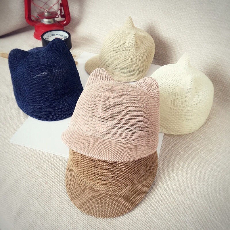 Nette Baby Hut Mit Ohren Sommer Stroh Mesh Baby Mädchen Junge Hut Kinder Snapback Baseball Cap Kinder Strand Sonnenhut