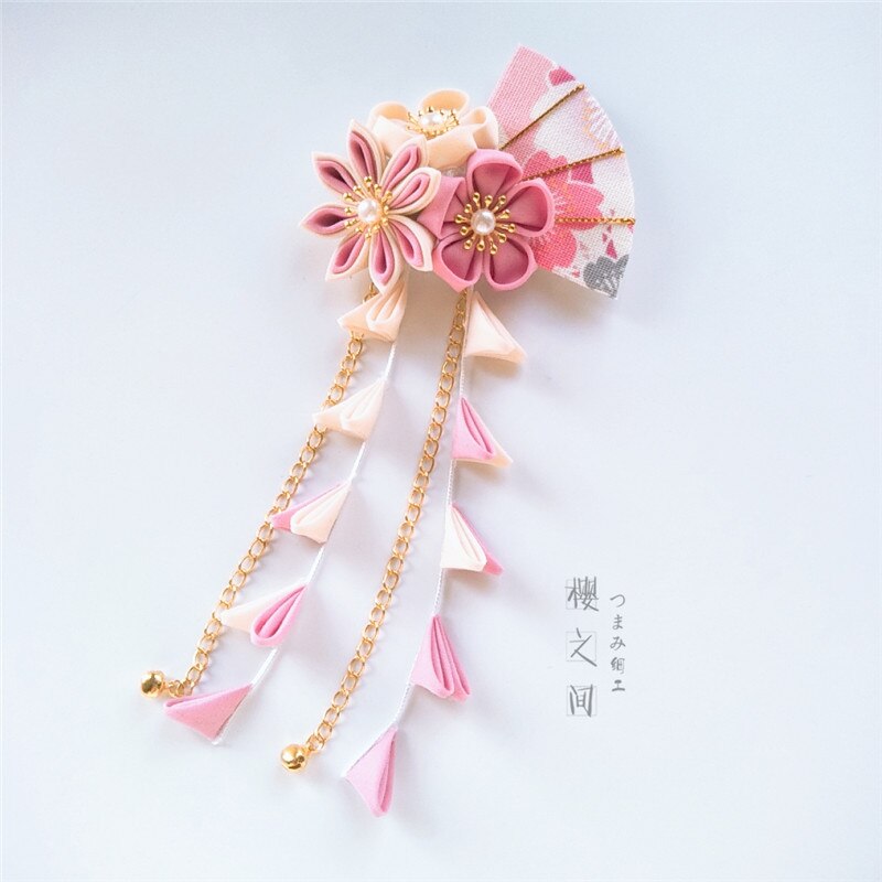 Épingle à cheveux japonaise Sakura, pince à cheveux, Tsumami zaiku pour Kimono Yukata Geisha, longues Barrettes à pompon, accessoires pour cheveux faits à la main, Cosplay: Pink