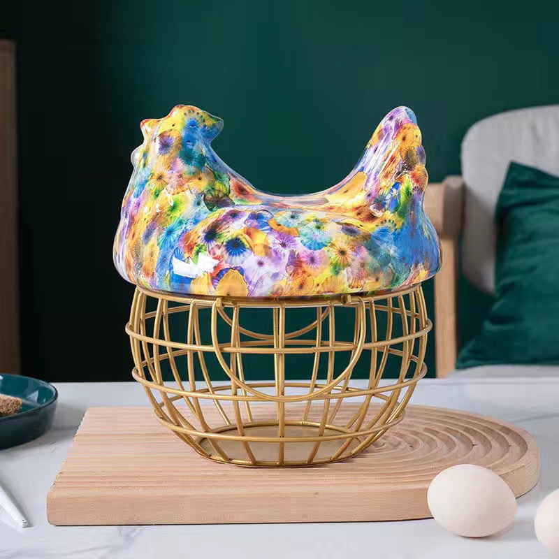 Poignée porte-œuf en céramique, poulet en métal, ornement de maison, boîte de rangement de fruits, panier de rangement en osier pour organisateur de cuisine