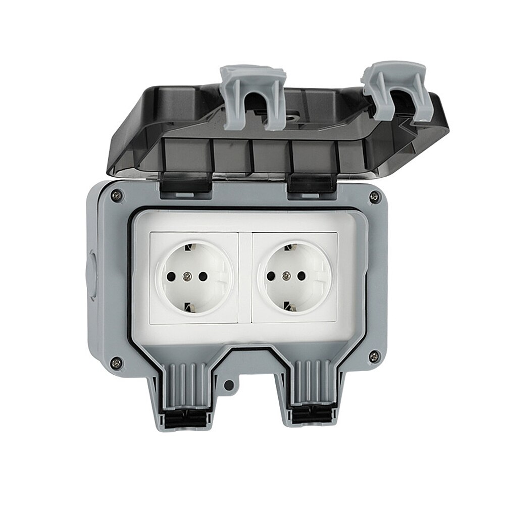 IP66 Weatherproof Waterproof Outdoor Wall Power Socket 16A Double EU German Standard Electrical Outlet Grounded AC 220~250V: Default Title
