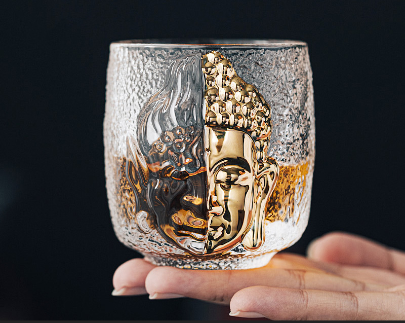 Vaso de cristal con relieve 3D de diablo o Buda Zen Budista, vaso de Sake con piedra Azure para la religión, copa de vino, licor, Vodka, Whisky, taza de té: Crystal Trace Gold