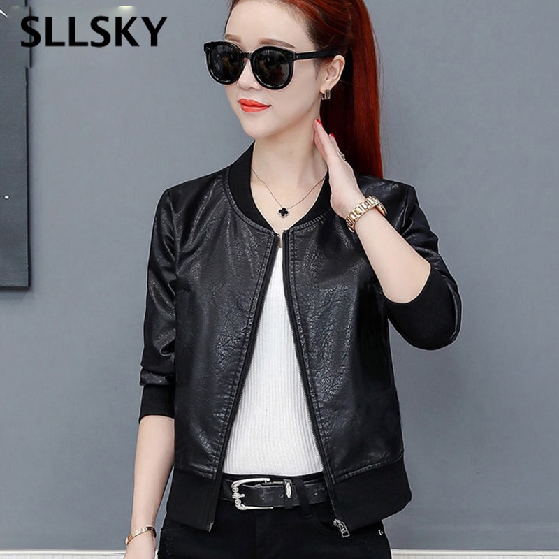 Vangull Spring Leather Jacket Women Black Color Mandarin Collar Zippers Short Female Faux Leather Jackets