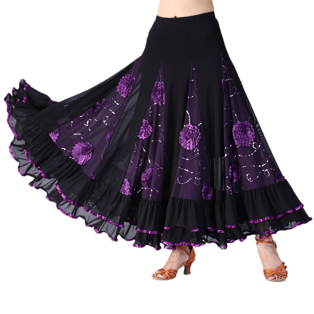 Flamenco Ballroom Waltz Dance Swing Skirt Sequin Flowers Party Dress: Purple