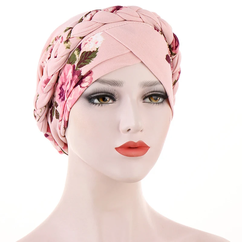 Flettede hijaber for kvinner korspann blomstertrykk muslimsk kvinne turban til fest islamsk hodeplagg elastisk hijab-lue: Vinrød