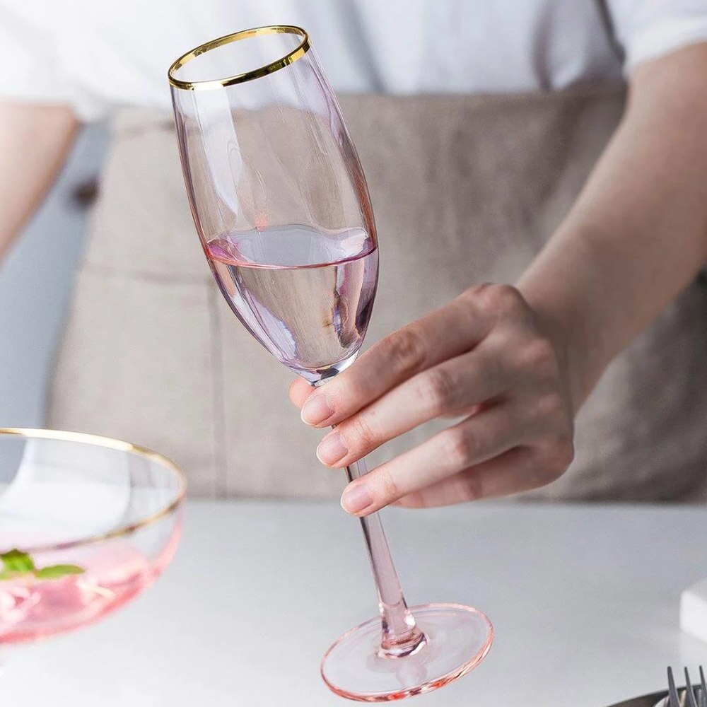 Copa de vino tinto con borde dorado, copa de champán, agua, helado, copa de vino chapada en oro para el hogar, Rosa
