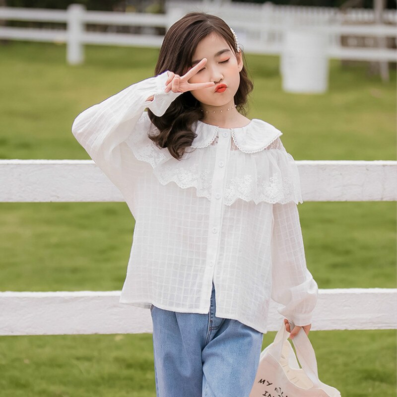 Meisjesblouses herfst kinderkleding kinderen kant wit geruite blouse schattige topjes tienermeisjes casual shirts 4 6 8 10 12 14 16y