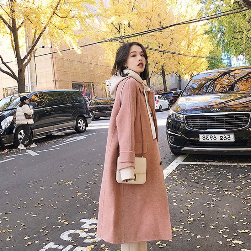 Herfst Winter Wollen Jas Vrouwen Slanke A-lijn Medium Lange Roze Koreaanse Stijl Roze Jassen Dames Elegante Turn Down Kraag bovenkleding
