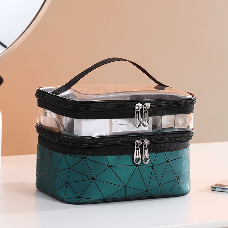 1Pctransparent Dubbele Laag Reizen Cosmetische Zak Jelly Kleur Grote Capaciteit Cosmetische Case Mode Vrouw Wash Organizer Make Tas: green
