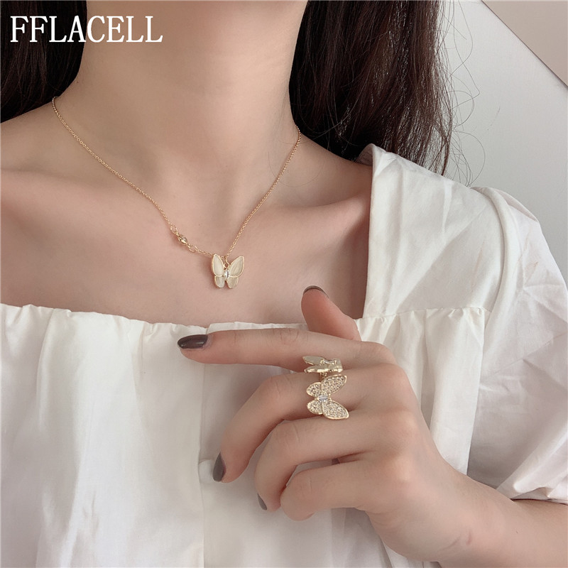 Fflacell Chic Mode-sieraden Opal Shell Rhinestone Parelmoervlinder Vlinder Ringen Opening Verstelbare Oorbellen Choker Ketting