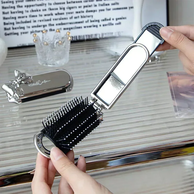 Bow Mini Hair Brush Folding Massage Combs Head Massage Anti-Static Hair Brush Girl Hair Combs with Mirror Portable Traveling