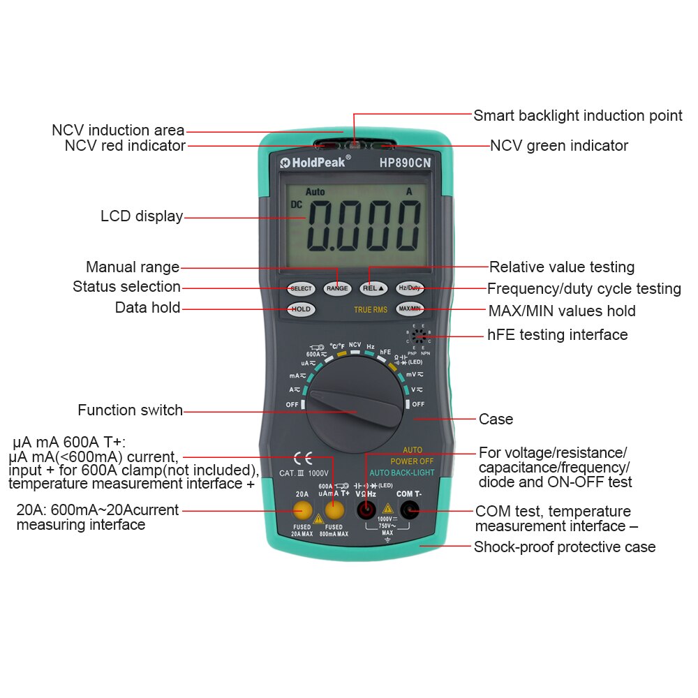 Holdpeak HP-890CN Lcd Digitale Multimeter Dc Ac Voltage Current Meter ...