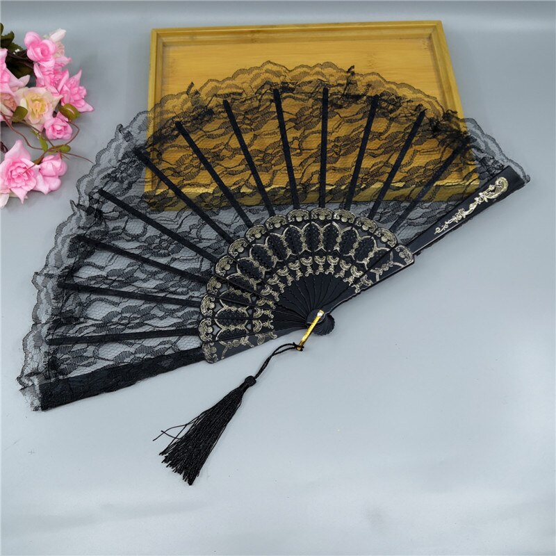 23cm Thin Lace Fan Plastic Bone Hand Fan Art Craft Lolita Japanese Sweet Girl Dance Photo Props Wedding Party Decoration: Black tassel
