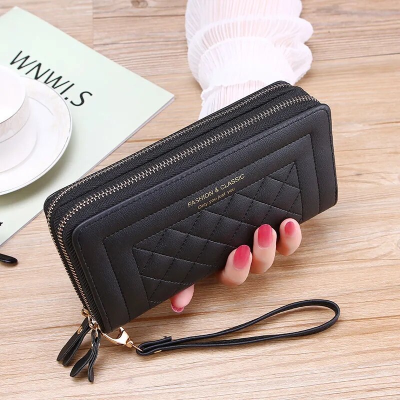 Podwójny długi portfel z zamkiem dla kobiet duża pojemność wysokiej jakości Pu skórzane portfele saszetka typu Clutch torebka Carteras Para Mujer: Double zipper black