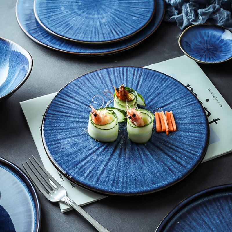 Blue Color Ceramic Tableware Home Flat Plate Deep Steak Dish Breakfast Dinner Plate Big Bowl Dinnerware Set Dish SetDinnerware