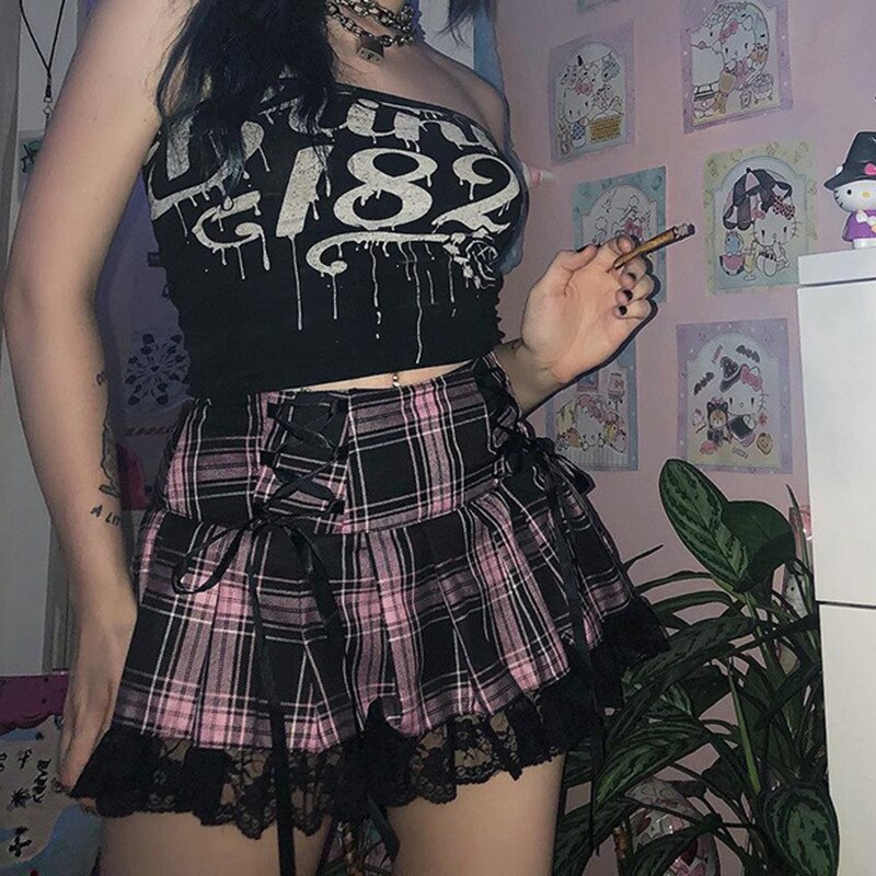 Minifalda gótica de Lolita para mujer, tutú con volantes, rosa, cuadros, plisado, Emo, Punk, oscura, Academia, ropa Grunge