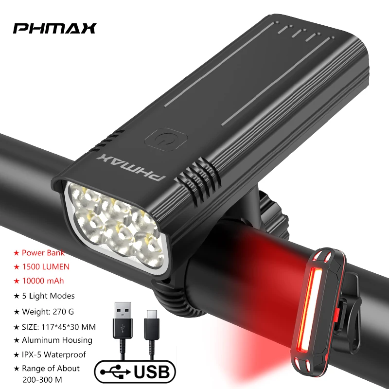 PHMAX Luce anteriore per bicicletta Faro per bici ricaricabile tramite USB 1500 lume Torcia per montagna bicicletta in alluminio impermeabile: Blu