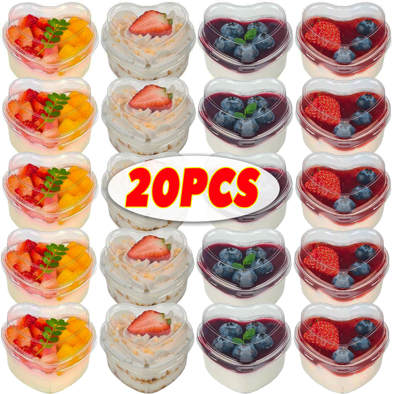 5/20x Wegwerp Plastic Bekers Met Deksels Hartvormige Doorzichtige Dessertbeker Puddingcontainer Voor Ijstaart Fruit Yoghurtkommen