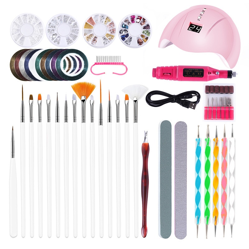 Uv lampe negleværktøj polering gel negle sæt med lampe negle pensel pen kit tegning diamant ornament dekoration polering manicure diy: Manicure sæt  tz05