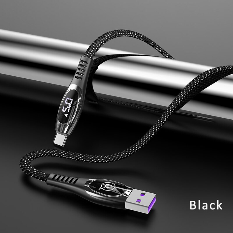 USAMS LED Display USB C Kabel 5A Quick Charge Typ C Kabel für Huawei P10 P20 P30 Mate 9 10 20 Smart Ladekabel Typ-C Draht: Black