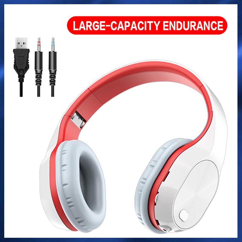 Foldable Wired Wireless Headphone 5.0 Bluetooth Wireless Earphones Stereo Earbuds Gaming Headsets With Microphone PC Laptop: white-red