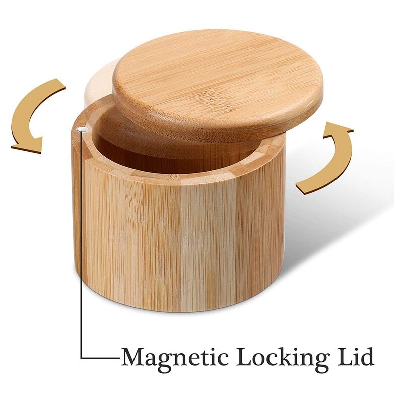 2 Pieces Bamboo Salt and Spice Storage Box with Magnetic Swivel Lid Round Bamboo Pepper Box Bamboo Salt Keeper