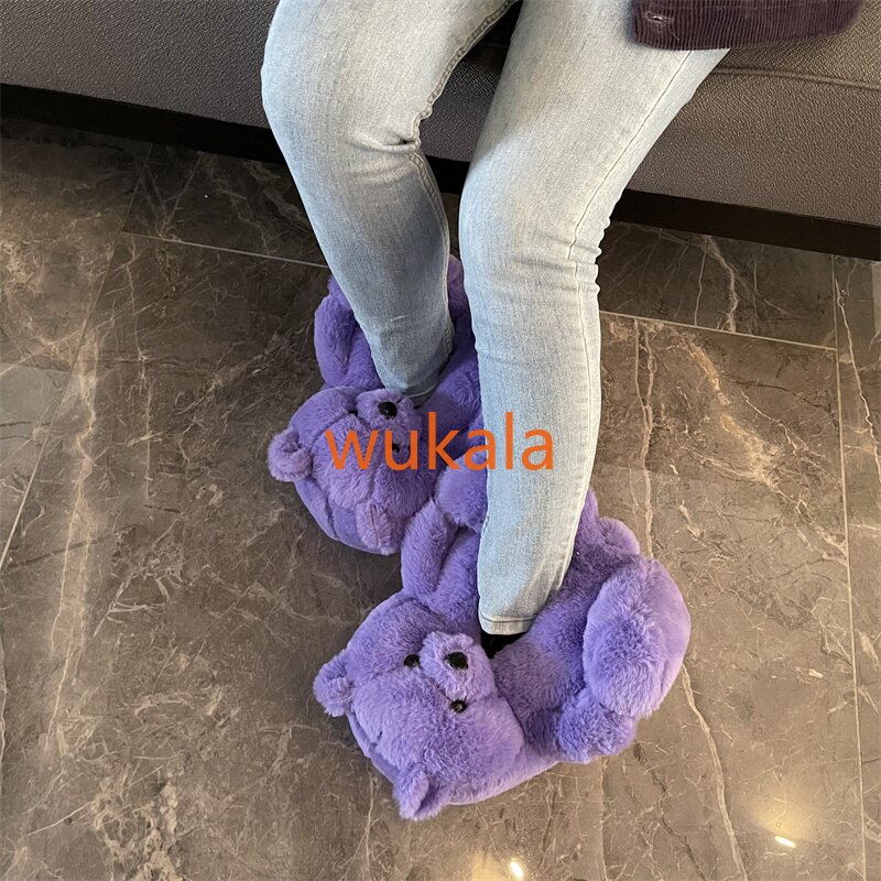 Pantofole da donna in peluche viola orsacchiotto uva viola morbida pantofola da casa per donna orso carino ragazze pelliccia sintetica pelliccia scivoli scarpe pelose