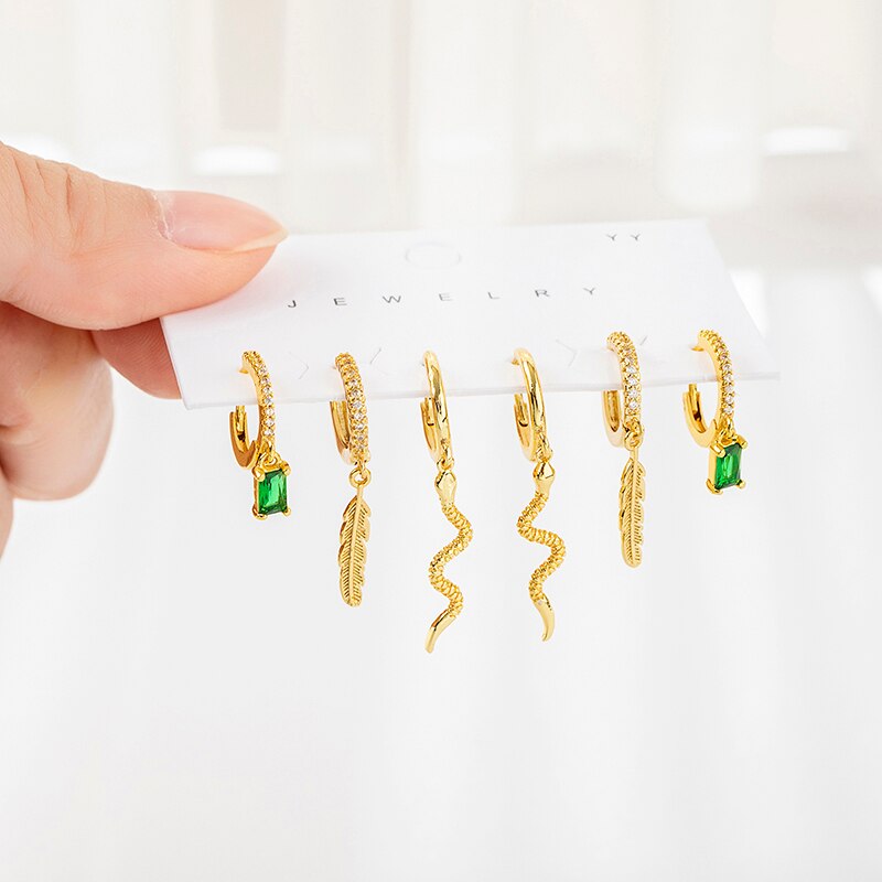 Sipengjel 6 Pcs Set Green Zirkoon Snake Hanger Oorbellen Prachtige Blad Kleine Hoepel Oorbellen Voor Vrouwen Sieraden