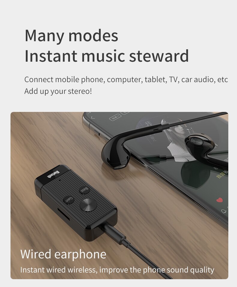 5.0 Bluetooth Receiver Bass Audio Noise Cancel Stereo For Headphone Car Support TF Card Mode With Clip 3.5mm AUX Adapter