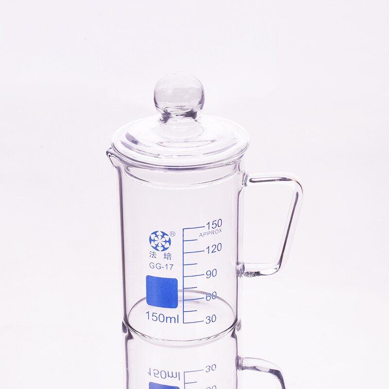 Beaker in low form with spout,With handle,Capacity 150ml,Outer diameter=60mm,Thickness=2.8mm,Height=87mm,Laboratory beaker