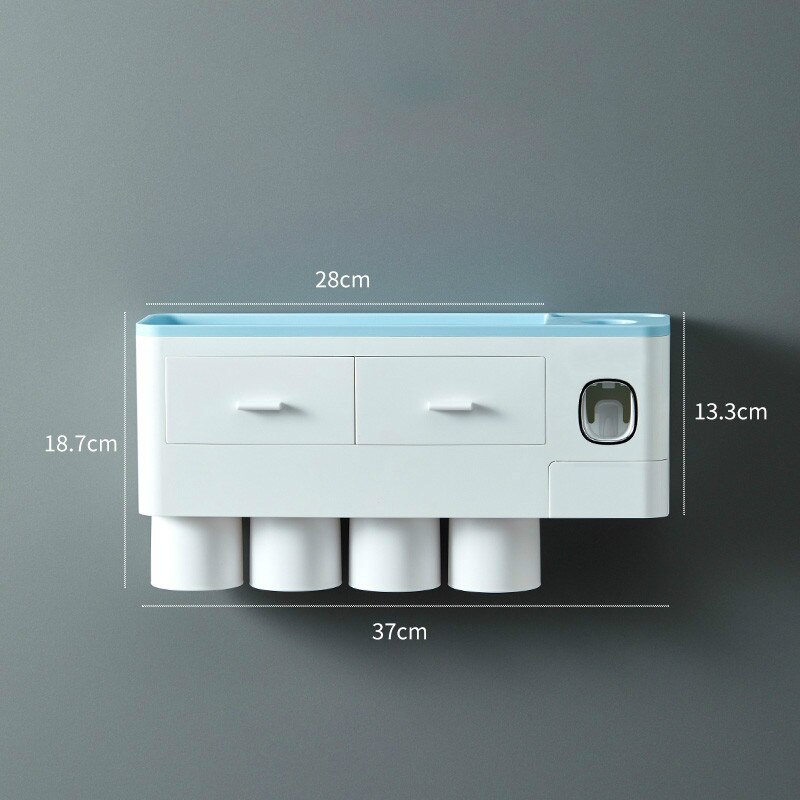 punch-free toothbrush holder automatic toothpaste dispenser and cup wall-mounted washing and storage rack bathroom set: 4 cups Blue