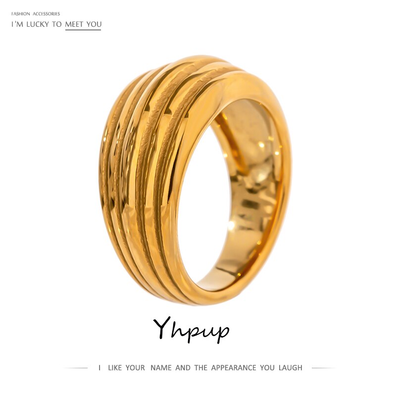 Yhpup chique metal redondo anel de aço inoxidável para as mulheres cor do ouro textura de metal novo design anel de jóias presente de festa de natal 2020