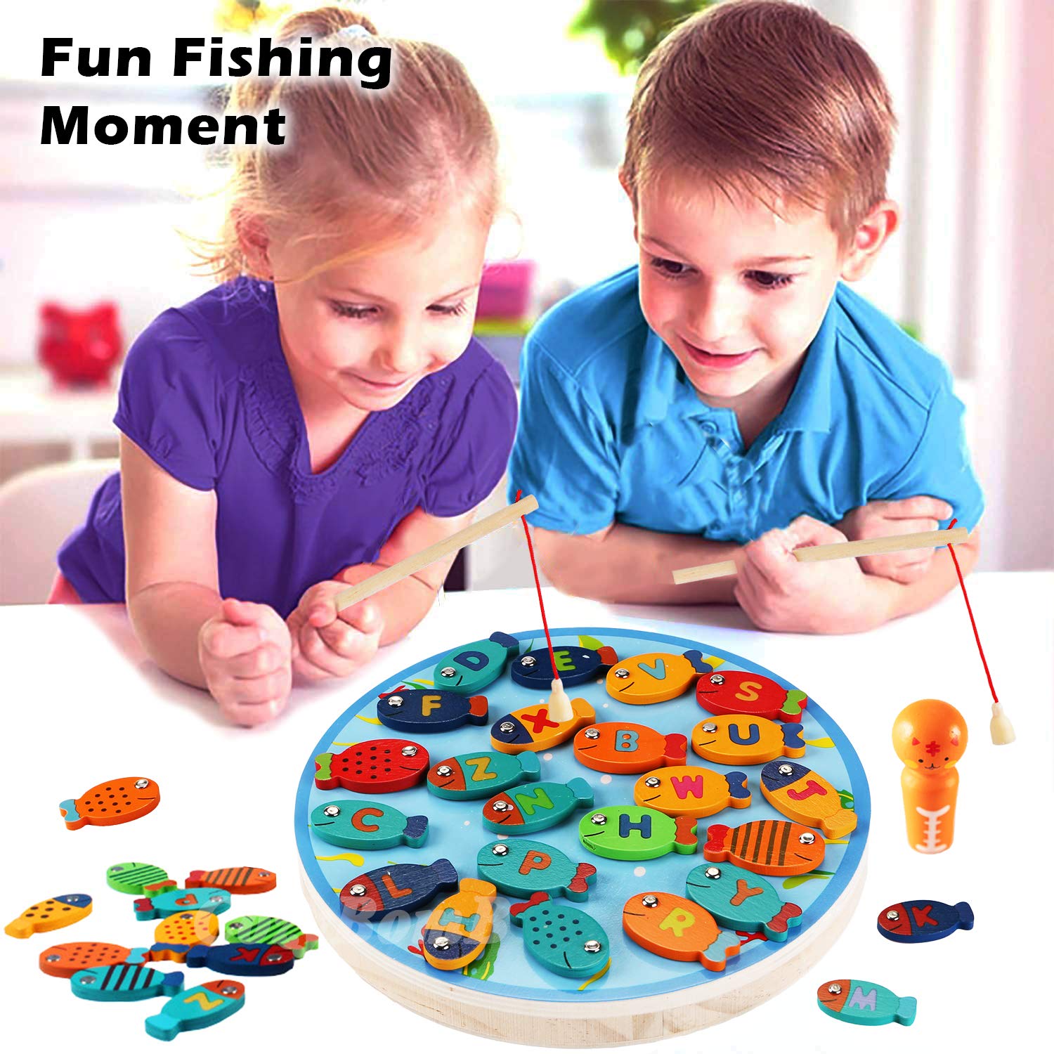 Brinquedo magnético de pesca em madeira para crianças - alfabeto ABC Peixes  que capturam contagem instrução de