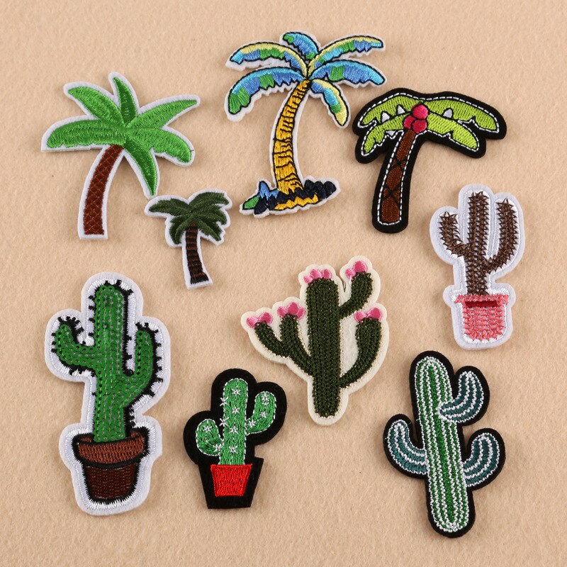 Cartoon kokospalmen en cactussen ron-on patches voor kinderkleding borduurwerk donsjack schattige doe-het-zelf pailletten applicatie badge