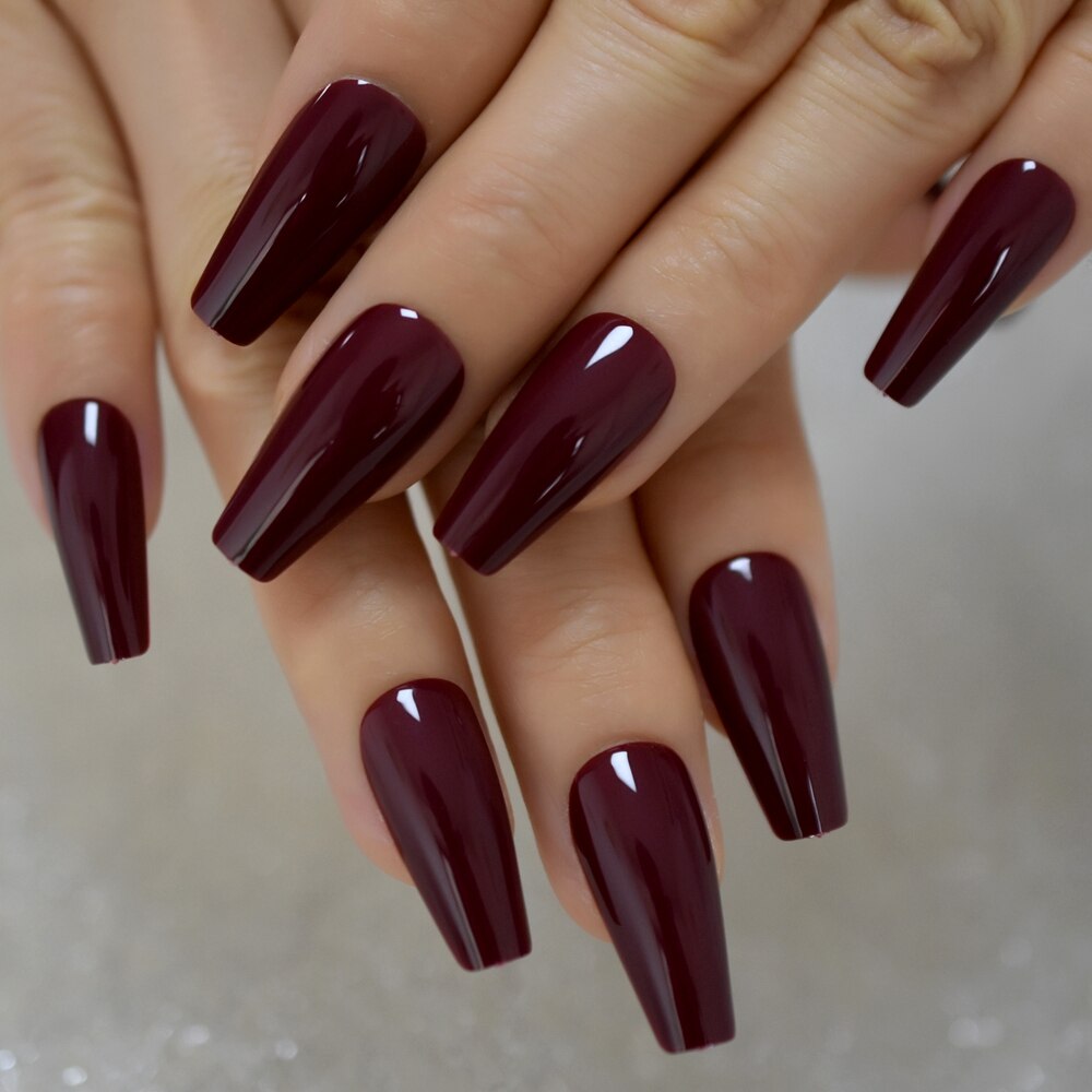 Tapered Coffin Nails Long Size Square Maroon Dark Red Acrylic Artificial False Nails Manicure Tips 24 CT